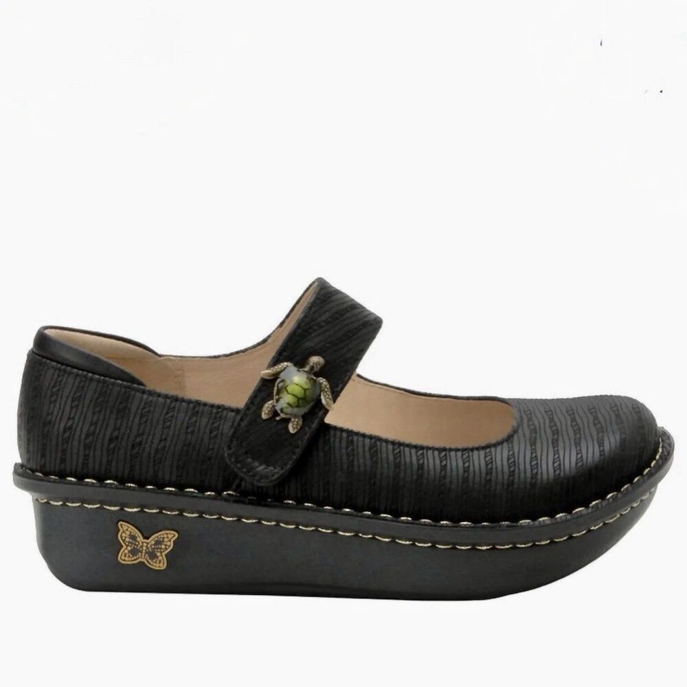 Alegria Paloma Mary Jane Black Textured Leather Turtle Ornament Size EU 39 US 9